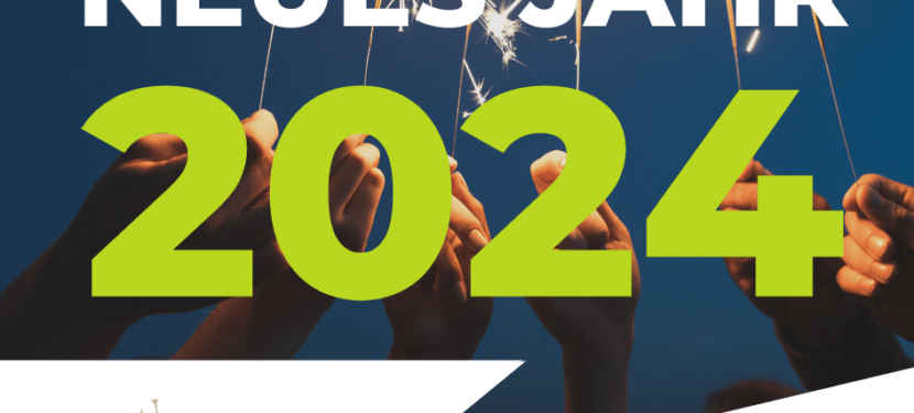 Bild mit Feuerwerk im Hintergrund und dem Text ""Auf ein neues Jahr 2024"